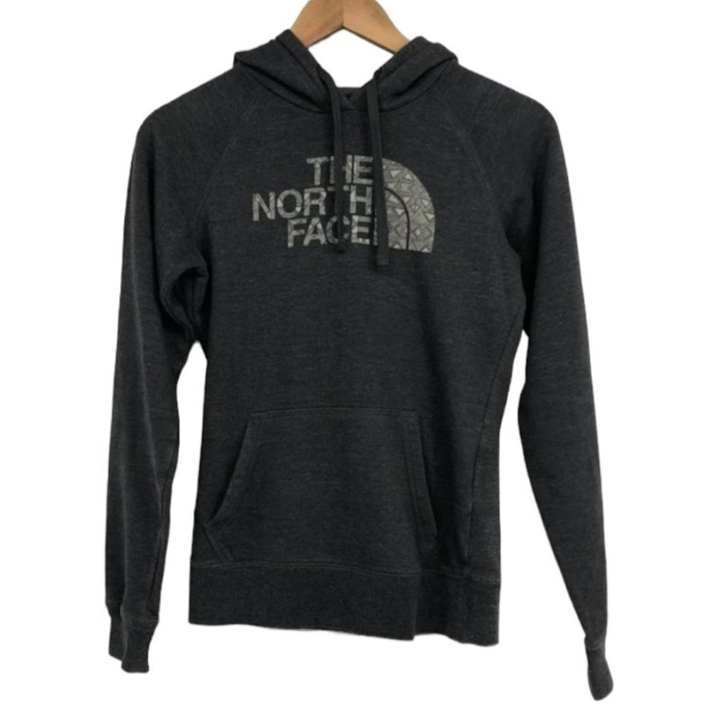The North Face Grey Logo front Pullover Hoodie kangaroo pockets womens XS